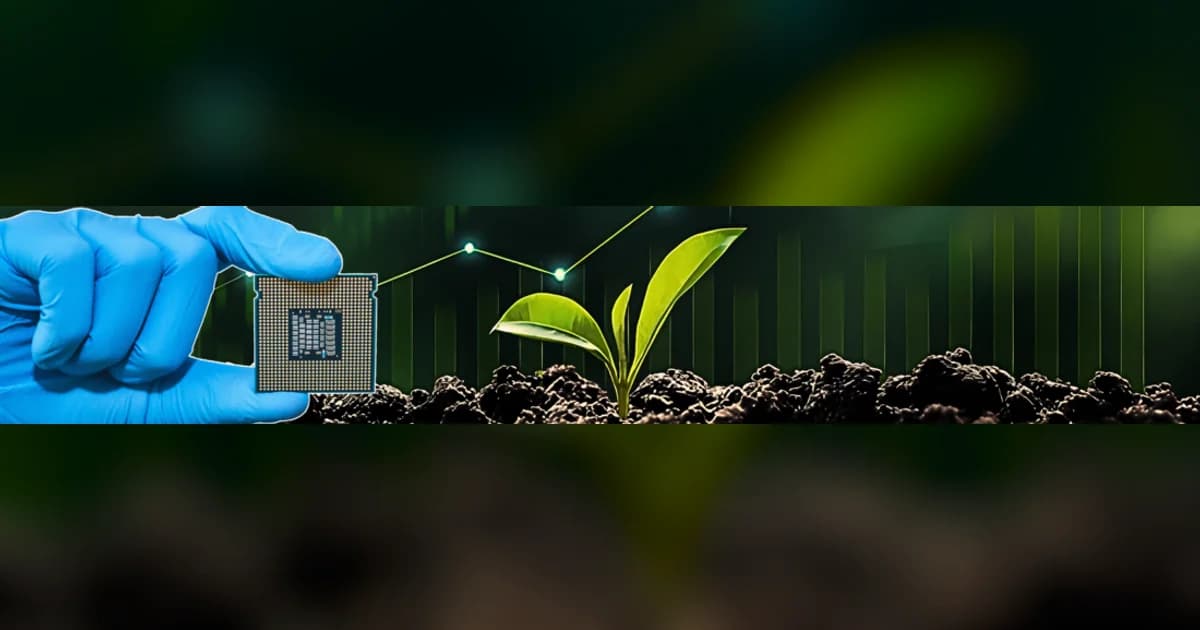 A hand in a blue glove holds a computer chip beside a green seedling growing from soil, with a rising line chart behind it