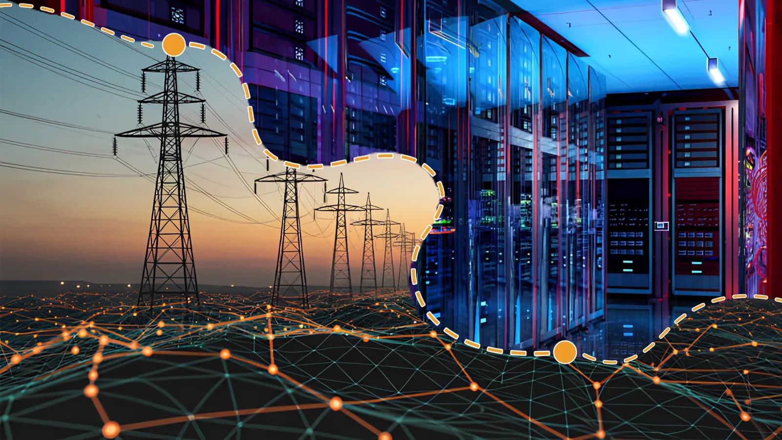 Power transmission towers at sunset blend into rows of data center server racks, joined by glowing network lines
